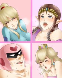 Rule 34 | 1boy, 3girls, alternate color, blonde hair, blue eyes, brown hair, captain falcon, close-up, crown, earrings, f-zero, happy, heavy breathing, helmet, highres, jewelry, long hair, manly, mario (series), metroid, multiple girls, nintendo, odd one out, open mouth, pointy ears, ponytail, princess peach, princess zelda, samus aran, sexually suggestive, smile, super smash bros., sweat, tears, the legend of zelda, the legend of zelda: twilight princess, wasabi (legemd), zero suit