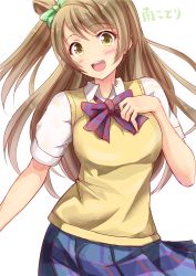 Rule 34 | 10s, 1girl, :d, blush, breasts, brown hair, character name, hand on own chest, highres, ichikawa feesu, looking at viewer, love live!, love live! school idol project, medium breasts, minami kotori, open mouth, school uniform, simple background, skirt, smile, solo, sweater vest, white background, yellow eyes