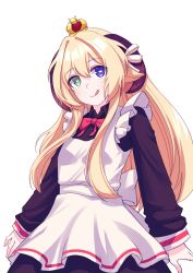 Rule 34 | 1girl, absurdres, animal ears, apron, bad id, bad twitter id, blonde hair, blue eyes, collared shirt, goat ears, goat girl, goat horns, green eyes, highres, horns, indie virtual youtuber, long hair, long sleeves, red neckwear, shirt, solo, tongue, tongue out, valefal coneri, virtual youtuber, white background, yagisawa yonako