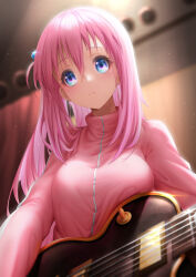 Rule 34 | 1girl, absurdres, blue eyes, blurry, blurry background, blush, bocchi the rock!, breasts, chinese commentary, closed mouth, commentary request, crossed bangs, cube hair ornament, eyelashes, from below, frown, glint, gotoh hitori, guitar, hair between eyes, hair ornament, hair over shoulder, highres, holding, holding instrument, indoors, instrument, jacket, large breasts, long hair, long sleeves, looking at viewer, looking down, one side up, pink hair, pink jacket, royboy, sidelocks, solo, stage, tareme, track jacket, upper body, wide-eyed
