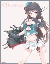 Rule 34 | 10s, 1girl, bad id, bad pixiv id, bare shoulders, beret, black gloves, black hair, blunt bangs, breasts, character name, choker, choukai (kancolle), choukai kai ni (kancolle), cleavage, crop top, crop top overhang, glasses, gloves, hair ornament, hand to own mouth, hat, kantai collection, large breasts, long hair, looking at viewer, machinery, midriff, mini hat, miniskirt, neckerchief, pleated skirt, red eyes, searchlight, skirt, smile, solo, tokoi, twitter username, white skirt