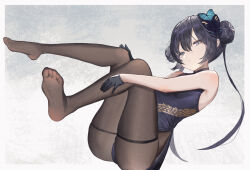 Rule 34 | 1girl, absurdres, black hair, blue archive, chinese clothes, double bun, feet, gloves, hair bun, hand on own knee, highres, kisaki (blue archive), long hair, looking at viewer, pantyhose, soles, toes, twintails