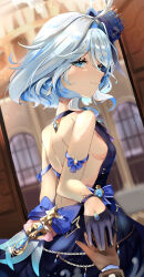 Rule 34 | 1girl, absurdres, ahoge, arm ribbon, backless dress, backless outfit, bare back, bare shoulders, bimmy, black gloves, blue bow, blue dress, blue eyes, blue gemstone, blue hair, blue hat, blue ribbon, blue wristband, bow, breasts, commentary, cowboy shot, day, dress, earrings, english commentary, from behind, furina (genshin impact), gem, genshin impact, gloves, hat, highres, holding hands, jewelry, light blue hair, looking at viewer, looking back, multicolored hair, out of frame, outdoors, outstretched arm, ribbon, sideboob, single earring, sleeveless, sleeveless dress, small breasts, smile, solo, streaked hair, top hat, two-tone hair, vision (genshin impact), white hair
