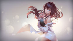 Rule 34 | 10s, 1girl, ;3, ;d, antenna hair, backlighting, bare shoulders, between fingers, blue eyes, bottle, breasts, brown hair, camisole, coat, cowboy shot, floating hair, from side, gradient background, grey background, hair between eyes, hand up, highres, holding, holding bottle, ichinose shiki, idolmaster, idolmaster cinderella girls, lab coat, lamier, light particles, long hair, long sleeves, looking at viewer, looking to the side, medium breasts, off shoulder, one eye closed, open clothes, open coat, open mouth, perfume bottle, sideboob, sleeveless, smile, solo, strap gap, tank top, wavy hair, wind