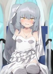 Rule 34 | 1girl, alternate costume, amputee, blush, breasts, bridal veil, crying, crying with eyes open, dress, female focus, grey hair, highres, jewelry, kantai collection, kasumi (kancolle), long hair, looking at viewer, necklace, quadruple amputee, ring, ring necklace, side ponytail, sitting, sleeveless, sleeveless dress, small breasts, solo, strapless, strapless dress, stump cover, tears, veil, wedding, wedding dress, wheelchair, white dress, yellow eyes, zeroyon (yukkuri remirya)