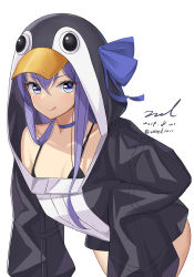 Rule 34 | 1girl, :q, animal costume, bikini, black bikini, blue eyes, blue ribbon, breasts, choker, cleavage, closed mouth, collarbone, cowboy shot, dated, fate/grand order, fate (series), hair between eyes, leaning forward, long hair, long sleeves, looking at viewer, medium breasts, meltryllis, meltryllis (fate), meltryllis (swimsuit lancer) (fate), meltryllis (swimsuit lancer) (first ascension) (fate), penguin costume, purple hair, ribbon, signature, simple background, sleeves past fingers, sleeves past wrists, small breasts, smile, solo, swimsuit, tongue, tongue out, twitter username, unel, v-shaped eyebrows, white background