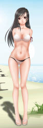 Rule 34 | 1990s (style), 1girl, arms behind back, beach, bikini, black hair, breasts, earrings, female focus, final fantasy, final fantasy vii, full body, highres, jewelry, long hair, long image, nature, outdoors, peiching09, plant, red eyes, sandals, sky, solo, swimsuit, tall image, tifa lockhart, water