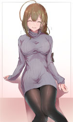 Rule 34 | 1girl, ^ ^, ahoge, arm support, arms at sides, black border, black pantyhose, blush, border, bow, braid, breasts, brown bow, brown hair, closed eyes, dress, e sky rugo, embarrassed, facing viewer, feet out of frame, flying sweatdrops, gradient background, grey sweater, hair between eyes, hair bow, highres, huge ahoge, idolmaster, idolmaster shiny colors, knees together feet apart, kuwayama chiyuki, large breasts, long braid, long hair, long sleeves, open mouth, outside border, pantyhose, pink background, revision, ribbed sweater, shadow, single braid, sitting, sleeves past wrists, smile, solo, sweatdrop, sweater, sweater dress, turtleneck, turtleneck sweater, white background