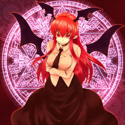 Rule 34 | &gt;:), 1girl, adapted costume, bat wings, breasts, cleavage, cleavage cutout, clothing cutout, female focus, head wings, hexagram, highres, koakuma, large breasts, long hair, magic circle, necktie, pointy ears, red eyes, red hair, saemon (tonpura), solo, embodiment of scarlet devil, touhou, v-shaped eyebrows, wings