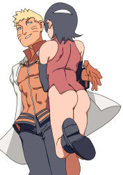 Rule 34 | 1boy, 1girl, ac120, ass, bare shoulders, black footwear, black gloves, black hair, black pants, blonde hair, blue eyes, boruto: naruto next generations, bottomless, elbow gloves, facial mark, from behind, gloves, gluteal fold, headband, highres, leg up, looking at another, naruto (series), pants, sandals, shoe soles, short hair, shoulder blades, simple background, smile, standing, standing on one leg, thighs, toes, uchiha sarada, uzumaki naruto, whisker markings, white background, white headband
