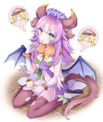 Rule 34 | 1girl, alice (rune factory), blonde hair, blue flower, blush, bracelet, brown thighhighs, chibi, chibi inset, closed mouth, commentary, dragon girl, dragon horns, eating, fingerless gloves, flower, food, full body, fur collar, gloves, green eyes, hand up, head wreath, holding, holding spoon, horns, jewelry, long hair, looking at viewer, low wings, midriff, mini mamu, navel, plate, pudding, purple hair, radea (rune factory), rune factory, rune factory 5, shirt, shoes, short shorts, shorts, sitting, smile, spoon, symbol-only commentary, tail, thighhighs, thought bubble, v-shaped eyebrows, wariza, white background, white footwear, white gloves, white shorts, wings