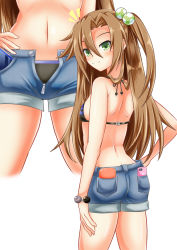 Rule 34 | 1girl, alternate costume, ass, bare shoulders, bikini, bow, breasts, brown hair, cellphone, choujigen game neptune, denim, denim shorts, from behind, green eyes, hair bow, highres, idea factory, if (neptunia), kyou (hibikit), long hair, looking at viewer, looking back, multiple views, neptune (series), phone, shin jigen game neptune vii, shiny skin, short shorts, shorts, side ponytail, sideboob, small breasts, smile, solo, swimsuit, very long hair