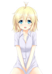 Rule 34 | 1girl, ahoge, ahoge wag, between legs, blonde hair, blue eyes, breasts, buttons, cleavage, collared shirt, dress shirt, expressive hair, fang, hair between eyes, hand between legs, highres, long hair, looking at viewer, medium breasts, open mouth, original, saku (kudrove), shirt, short sleeves, simple background, solo, v arms, white background, white shirt