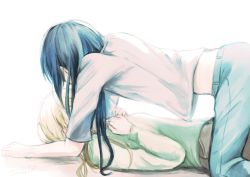 Rule 34 | 2girls, all fours, ayase eli, blonde hair, blue hair, covered face, denim, green shirt, hair down, hands up, jeans, long sleeves, love live!, love live! school idol project, lying, multiple girls, on back, pants, shirt, short sleeves, signature, sonoda umi, suito, white background, yuri