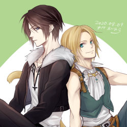 Rule 34 | 2boys, back-to-back, bare arms, black jacket, black pants, blonde hair, blue eyes, blue pants, brown hair, chain, chain necklace, cropped jacket, earrings, final fantasy, final fantasy ix, final fantasy viii, frilled shirt collar, frills, green background, green vest, hiryuu (kana h), jacket, jewelry, long sleeves, looking at viewer, male focus, monkey tail, multiple boys, necklace, pants, parted bangs, scar, scar on face, shirt, short hair, single earring, sitting, smile, squall leonhart, tail, two-tone background, upper body, vest, white background, white shirt, zidane tribal