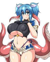 Rule 34 | 1girl, black gloves, blue eyes, blue hair, blue panties, borrowed character, breast suppress, breasts, covered erect nipples, curvy, female focus, gloves, hair ornament, highleg, highleg panties, huge breasts, looking at viewer, matching hair/eyes, midriff, monster girl, navel, nega96396, no bra, nyame (coco ankou), panties, puffy nipples, shirt, shorts, simple background, smile, solo, standing, tentacles, twintails, underboob, underwear, white background