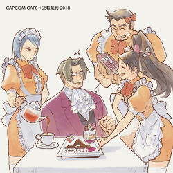 Rule 34 | 2boys, 2girls, ace attorney, ace attorney investigations, alternate costume, apron, ascot, black hair, blue eyes, blue hair, bow, brown hair, closed eyes, closed mouth, coffee beans (5offee8eans), crossdressing, cup, dick gumshoe, dress, enmaided, food, franziska von karma, frilled apron, frills, grey hair, hair bow, hair intakes, hair ornament, high ponytail, holding, holding teapot, jacket, kay faraday, long hair, long sleeves, maid, maid headdress, male maid, miles edgeworth, mole, mole under eye, multiple boys, multiple girls, official alternate costume, open mouth, orange dress, pink jacket, plate, ponytail, pouring, puffy short sleeves, puffy sleeves, red bow, shirt, short hair, short sleeves, smile, surprised, teapot, tray, waist apron, white apron, white shirt