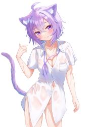 Rule 34 | 1girl, absurdres, ahoge, animal ears, bottomless, breasts, cat ears, cat tail, highres, hololive, medium breasts, navel, nekomata okayu, nekomata okayu (oversized shirt), no panties, partially unbuttoned, purple eyes, purple hair, see-through, shirt, smile, tail, togemaru34, virtual youtuber, wet, wet clothes, wet shirt, white background, white shirt