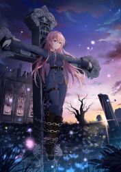 Rule 34 | 1girl, black footwear, blue jacket, blue pants, boots, chain, cross, crucifixion, dawn, gloves, jacket, knee boots, legs together, liusu hongchen, long hair, long sleeves, military, military uniform, original, outdoors, outstretched arms, pants, pink hair, ruins, solo, uniform, white gloves