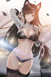 Rule 34 | 1girl, animal ears, atago (azur lane), atago (stunning speedster) (azur lane), azur lane, bikini, black bikini, black hair, black thighhighs, blurry, blurry background, breasts, brown eyes, cleavage, commentary request, cowboy shot, dutch angle, extra ears, highres, large breasts, long hair, mole, mole under eye, motor vehicle, race queen, ribbon, rosie99, shrug (clothing), solo, swimsuit, thighhighs, two-tone bikini, white ribbon, wrist cuffs