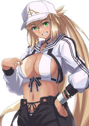 Rule 34 | 1girl, artoria caster (fate), artoria caster (swimsuit) (fate), artoria caster (swimsuit) (first ascension) (fate), artoria pendragon (fate), baseball cap, bikini, black pants, blonde hair, blush, breasts, cleavage, cropped jacket, fate/grand order, fate (series), green eyes, grin, hat, highres, jacket, ksfactory, long hair, long sleeves, looking at viewer, medium breasts, navel, pants, shrug (clothing), smile, solo, swimsuit, tan, tanline, twintails, white bikini, white hat, white jacket
