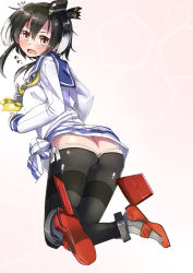 Rule 34 | 10s, 1girl, ankle boots, ass, black hair, black pantyhose, blush, boots, brown eyes, brown hair, butt crack, dress, from behind, gaichi, gradient background, high heel boots, high heels, kantai collection, kneeling, looking at viewer, looking back, lowleg, lowleg pantyhose, multicolored hair, open mouth, panties, pantyhose, pink background, sailor dress, seamed legwear, shirt, short hair, short hair with long locks, side-seamed legwear, solo, thong, tied shirt, tokitsukaze (kancolle), trefoil, underwear