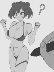 Rule 34 | 1girl, ?, bikini, blush, breasts, bridal gauntlets, cleavage, collarbone, commentary request, confused, cowboy shot, dick-o-meter, dolphin wave, double bun, groin, hair bun, halterneck, highleg, highleg bikini, highres, holding, holding marker, large breasts, length markings, marker, measuring, micro bikini, monochrome, panda (artist2), penis measuring, sakimiya iruka, shadow, short hair, short twintails, single thighhigh, swimsuit, thighhighs, twintails, w arms