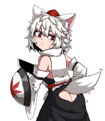 Rule 34 | 1girl, animal ear fluff, animal ears, ass, ass cutout, bare shoulders, blush, butt crack, clothing cutout, detached sleeves, formicid, from behind, hat, holding, holding weapon, inubashiri momiji, leaf, maple leaf, red eyes, red hat, shield, short hair, skirt, solo, sweatdrop, sword, tail, tail through clothes, tokin hat, touhou, weapon, white hair, wolf ears, wolf tail