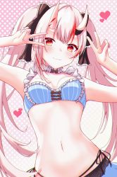 Rule 34 | 1girl, :3, absurdres, arms up, bad id, bad pixiv id, bikini, black bow, blue bikini, bow, bow bra, bra, breasts, double v, fang, hair bow, heart, highres, hololive, horns, lace trim, long hair, looking at viewer, mihanada kasumi, multicolored hair, nakiri ayame, nakiri ayame (hololive summer 2019), oni, pink background, polka dot, polka dot background, red eyes, red hair, skin-covered horns, small breasts, smile, solo, stomach, streaked hair, striped, swimsuit, twintails, underwear, upper body, v, v over eye, virtual youtuber, white hair