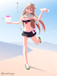 Rule 34 | 10s, 1girl, :d, bad id, bad pixiv id, beach, bikini, bikini top only, bow, breasts, brown eyes, brown hair, cleavage, day, flip-flops, food, hair bow, hair ornament, hair ribbon, hairclip, horizon, kantai collection, long hair, looking at viewer, ocean, open mouth, pleated skirt, ribbon, sandals, scarf, shade, shaved ice, skirt, small breasts, smile, solo, spaghe (kyoumospaghe), standing, standing on one leg, swimsuit, translated, yakisoba, yuudachi (kancolle), yuudachi kai ni (kancolle)