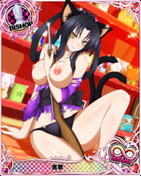 Rule 34 | 10s, 1girl, animal ears, black hair, blush, breasts, breasts out, card (medium), cat ears, cat tail, high school dxd, highres, kuroka (high school dxd), large breasts, long hair, looking at viewer, nipples, panties, sitting, smile, solo, tail, third-party edit, torn clothes, underwear, yellow eyes