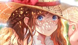 Rule 34 | 1girl, blue eyes, blurry, blurry background, bow, braid, brown hair, brown hat, closed mouth, commentary request, depth of field, fingernails, hair between eyes, hand on headwear, hand up, hat, hat bow, highres, long hair, okuma mai, original, portrait, red bow, smile, solo, summer, sun hat