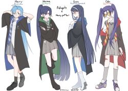 Rule 34 | 4girls, 7026jaja, ado (utaite), ahoge, arms behind head, bandaid, bandaid on leg, black coat, black socks, blue eyes, blue hair, blue necktie, boots, braid, braided bangs, character name, closed mouth, cloud nine inc, coat, collared shirt, commentary request, copyright name, crossed arms, full body, gira gira, green necktie, grey skirt, grey socks, grey sweater vest, gryffindor, hair between eyes, hair over one eye, hand up, harry potter (series), highres, holding, holding wand, kneehighs, light blue hair, long hair, long sleeves, looking at viewer, merry (ado), multiple girls, naima (ado), necktie, odo (song), open clothes, open coat, parted bangs, pleated skirt, ponytail, ravenclaw, readymade (ado), red necktie, shirt, shoes, simple background, skirt, sleeves past elbows, slytherin, socks, sweater vest, tinted eyewear, twintails, twitter username, undone necktie, usseewa, very long hair, wand, white background, white footwear, white shirt, wizarding world, yellow-tinted eyewear