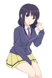 Rule 34 | 1girl, :o, between legs, black eyes, black hair, blue cardigan, blush, breasts, buttons, cardigan, cellphone, collared shirt, commentary, earphones, hand between legs, highres, holding, holding earphones, holding phone, invisible chair, long hair, long sleeves, looking at viewer, low twintails, medium breasts, mohya, necktie, open mouth, phone, pleated skirt, purple eyes, purple hair, purple necktie, school uniform, shirt, simple background, single earphone removed, sitting, skirt, smartphone, solo, tamura yuri, twintails, watashi ga motenai no wa dou kangaetemo omaera ga warui!, white background, white shirt, yellow skirt
