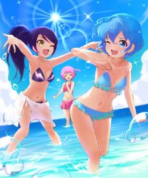 Rule 34 | 13-gou, 1boy, 2girls, bikini, blue eyes, blue hair, braid, breasts, brother and sister, dorothy west, reona west, multiple girls, navel, one eye closed, open mouth, pink hair, pretty series, pripara, purple hair, short hair, siblings, side ponytail, smile, swimsuit, toudou shion, trap, twins, water, yellow eyes