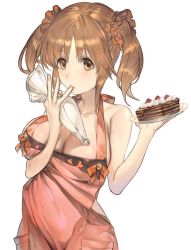 Rule 34 | 10s, 1girl, aos, apron, bare shoulders, blush, breasts, brown hair, cake, chocolate, chocolate cake, cleavage, collarbone, covered navel, finger in own mouth, finger sucking, food, hair ornament, hair scrunchie, heart, holding, holding plate, icing, idolmaster, idolmaster cinderella girls, large breasts, light brown hair, long hair, looking at viewer, naked apron, orange eyes, pastry bag, plate, pocket, red ribbon, ribbon, scrunchie, sidelocks, simple background, solo, tareme, totoki airi, twintails, white background