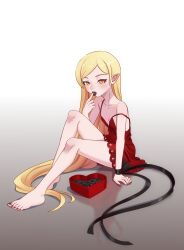 Rule 34 | 1girl, absurdres, arm support, barefoot, blonde hair, blush, box, box of chocolates, breasts, candy, chocolate, commentary, different reflection, dress, eating, english commentary, feet, fingernails, food, food in mouth, heart-shaped box, highres, kiss-shot acerola-orion heart-under-blade, kizumonogatari, knees up, legs, long hair, looking at viewer, monogatari (series), nail polish, oshino shinobu, petite, pointy ears, red dress, red nails, reflection, ricman rt, sitting, small breasts, solo, strap slip, toenail polish, toenails, toes, vampire, very long hair, yellow eyes