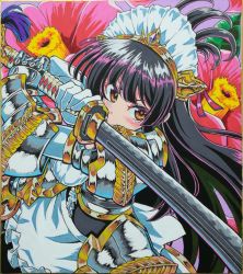 Rule 34 | 1girl, apron, armored skirt, black hair, blush, brown eyes, floral background, gauntlets, gloves, highres, holding, holding sword, holding weapon, long hair, looking at viewer, maid apron, maid headdress, marika (sennen sensou aigis), sennen sensou aigis, solo, soune1000, standing, sword, traditional media, weapon, white gloves