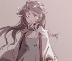Rule 34 | 1girl, ahoge, animal ears, arknights, brown eyes, brown hair, commentary, dress, eyjafjalla (arknights), floating hair, fuco, grey background, grey dress, horns, jacket, long hair, looking at viewer, mask around neck, open clothes, open jacket, sheep ears, sheep horns, simple background, smile, solo, upper body, white jacket