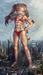 Rule 34 | 10s, abs, bikini, biting, building, city, fire, giant, giantess, girls und panzer, hands on own hips, huge giantess, in panties, kadotani anzu, military, red eyes, red hair, swimsuit, yilx