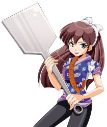 Rule 34 | 1girl, amelie, blue eyes, brown hair, japanese clothes, kuonji ukyou, long hair, oversized object, pantyhose, ranma 1/2, simple background, solo, spatula, white background