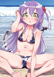 1girl beach bikini blush_stickers breasts commentary_request demon_girl demon_tail demon_wings flower hair_flower hair_ornament horns long_hair looking_at_viewer mini_wings navel one_side_up open_mouth purple_hair sengoku_collection senzoc sitting small_breasts solo spread_legs swimsuit tail tsukahara_bokuden_(sengoku_collection) water wings yellow_eyes