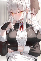 Rule 34 | 1boy, 1girl, blush, breasts, bridal gauntlets, brown hair, closed mouth, commentary request, cross, cross earrings, duplicate, earrings, fingernails, hair between eyes, hands on another&#039;s shoulders, highres, jewelry, kfr, large breasts, lips, long hair, long sleeves, maid, maid headdress, original, short hair, white hair, yellow eyes