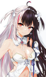 Rule 34 | 1girl, armor, bare shoulders, black hair, breasts, cleavage, clothing cutout, collar, detached collar, dress, earrings, flower, gem, gloves, grey hair, grey hairband, hair flower, hair ornament, hairband, highres, jewelry, ku (2025346), long hair, looking at viewer, medium breasts, multicolored hair, navel, navel cutout, nijisanji, pink hair, rabbit earrings, red eyes, red gemstone, revealing clothes, shoulder armor, side cutout, simple background, smile, solo, spiked hairband, spikes, split-color hair, strapless, strapless dress, streaked hair, two-tone hair, two side up, upper body, very long hair, virtual youtuber, white background, white collar, white dress, white flower, white gloves, yorumi rena, yorumi rena (8th costume)
