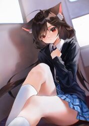 Rule 34 | 1girl, ahoge, animal ear fluff, animal ears, black jacket, blue skirt, blurry, brown hair, cat ears, cat girl, cat tail, clenched hand, closed mouth, collared shirt, depth of field, hair ornament, hairclip, highres, jacket, kneehighs, komuer, legs, long hair, long sleeves, looking at viewer, low twintails, miniskirt, necktie, original, plaid, plaid skirt, pleated skirt, red eyes, school uniform, shirt, sitting, skirt, socks, solo, tail, thighs, twintails, very long hair, white shirt, white socks