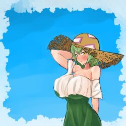 Rule 34 | 1girl, absurdres, arm behind back, arm behind head, bare shoulders, blue background, blush, breasts, brown hat, byden i3, closed mouth, commentary, hat, highres, large breasts, looking at viewer, ofuda, ofuda on clothes, soga no tojiko, solo, straw hat, touhou, upper body, yellow eyes