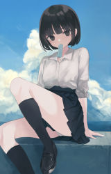 Rule 34 | 1girl, black eyes, black footwear, black hair, black skirt, black socks, blue sky, cloud, cloudy sky, collared shirt, commentary request, day, dress shirt, food, food in mouth, highres, knee up, kneehighs, loafers, looking at viewer, mouth hold, ogami ren, original, outdoors, panties, pleated skirt, popsicle, shirt, shoes, short hair, short sleeves, sitting, skirt, sky, sleeves rolled up, socks, solo, underwear, white panties, white shirt