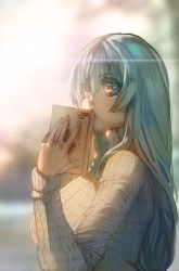 Rule 34 | 1girl, backlighting, blue eyes, blue hair, blush, book, breasts, commentary, english commentary, hair between eyes, highres, holding, holding book, huge breasts, inchou (kaitsu tokiyas), kaitsu tokiyas, long hair, looking at viewer, no bra, ribbed sweater, solo, sweater, turtleneck, turtleneck sweater, upper body, watashi no inchou desu!!, white sweater