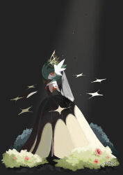 absurdres alternate_color black_background black_dress black_gloves blue_hair bob_cut colored_skin creatures_(company) dress elbow_gloves game_freak gardevoir gen_3_pokemon gloves highres light_rays looking_at_viewer may_(mei) mega_gardevoir mega_pokemon nintendo orange_eyes pokemon pokemon_(creature) shiny_pokemon signature simple_background strapless strapless_dress tiara white_skin