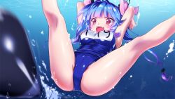 Rule 34 | 10s, 1girl, blue hair, blush, breasts, hair ornament, hair ribbon, i-19 (kancolle), kantai collection, kneepits, large breasts, long hair, multicolored hair, one-piece swimsuit, open mouth, personification, red eyes, ribbon, school swimsuit, solo, spread legs, swimsuit, torpedo, twintails, underwater, v legs, yuto (dialique)